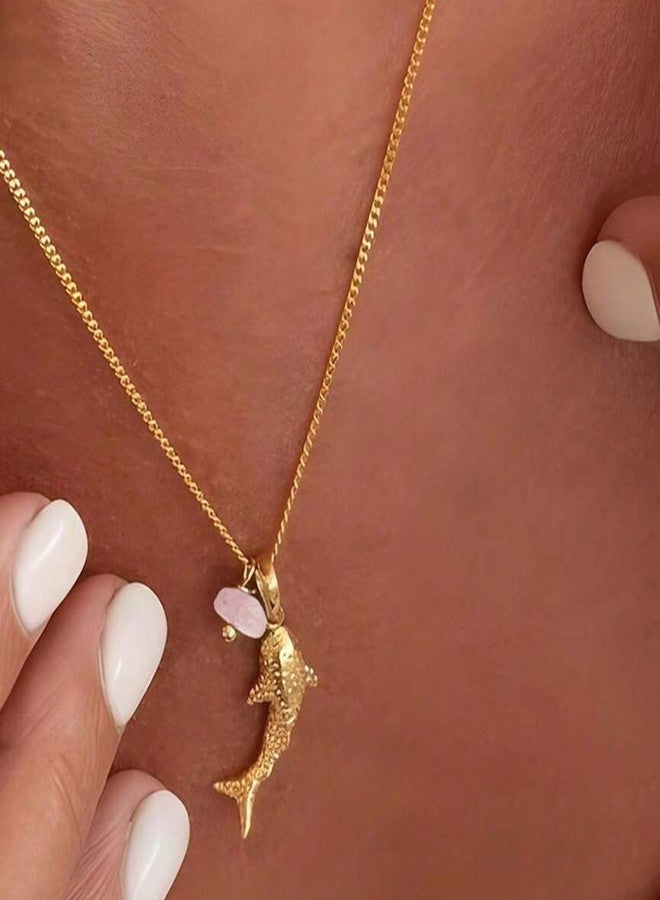 TACBSP Gold Shark Necklace for Women Boho Shark Pendant Necklace Blue Beaded Sardine Fish Necklaces Ocean Inspired Choker Jewelry Gift (Gold) - Image 2
